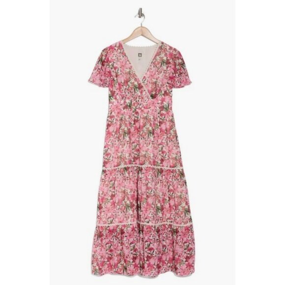 💕ANNE KLEIN💕 Floral Flutter Sleeve Tiered Maxi Dress ~ Carmine Rose 12 NWT - Picture 4 of 4